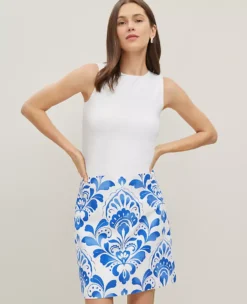 Petite Power Blue Cotton-Linen Tiled A-Line Skirt