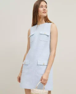 Petite Tweed Button Pocket Shift Dress in Zephyr Blue