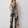 Petite Floral Belted Sleeveless Jumpsuit in Black