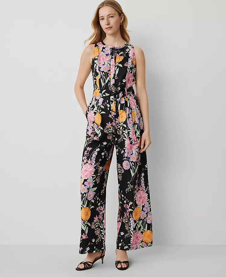 Petite Floral Belted Sleeveless Jumpsuit in Black 1 Petite Floral Belted Sleeveless Jumpsuit in Black
