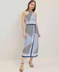 Petite Striped Halter Midi Dress in Night Sky - Elegant Racerback Style