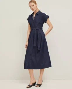 Petite Dark Chambray Flare Midi Shirtdress with Removable Tie Belt