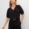 Petite V-Neck Puffed Sleeve Popover Blouse - Effortless Relaxed Fit