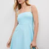 Petite Gulf Stream Blue Linen Blend Midi Dress with Spaghetti Straps