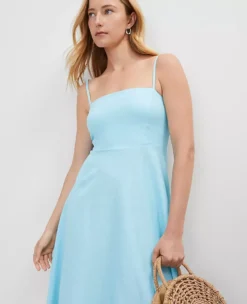 Petite Gulf Stream Blue Linen Blend Midi Dress with Spaghetti Straps