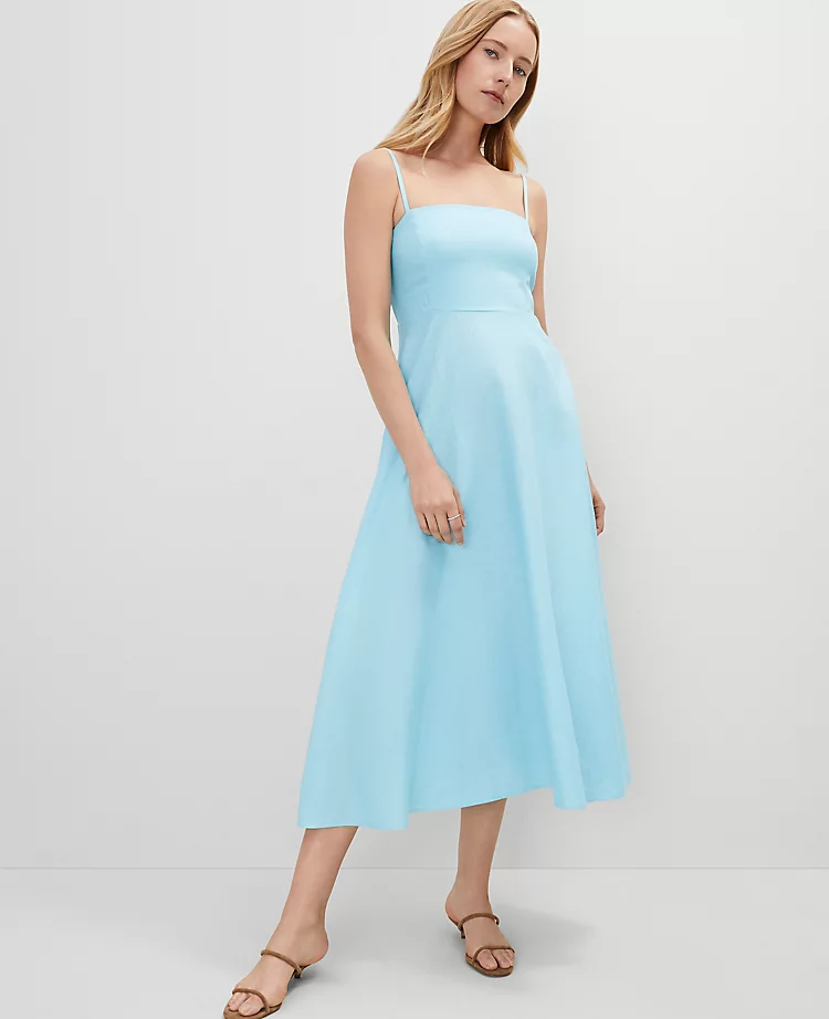 Petite Gulf Stream Blue Linen Blend Midi Dress with Spaghetti Straps 3 Petite Gulf Stream Blue Linen Blend Midi Dress with Spaghetti Straps - Image 3