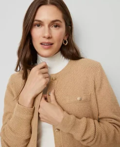 Petite Textured Knit Cardigan in Cafe Au Lait -Ann Taylor Store 857558 5824 ALT3