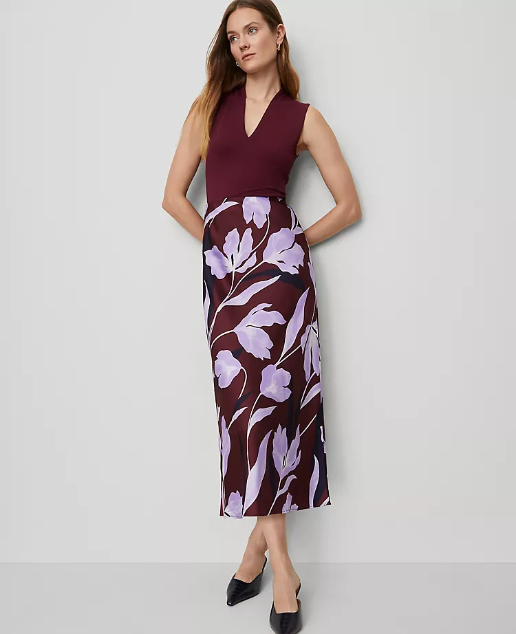 Elegant Floral Satin Bias Cut Midi Slip Skirt in Windsor Wine 2 Elegant Floral Satin Bias Cut Midi Slip Skirt in Windsor Wine - Image 2