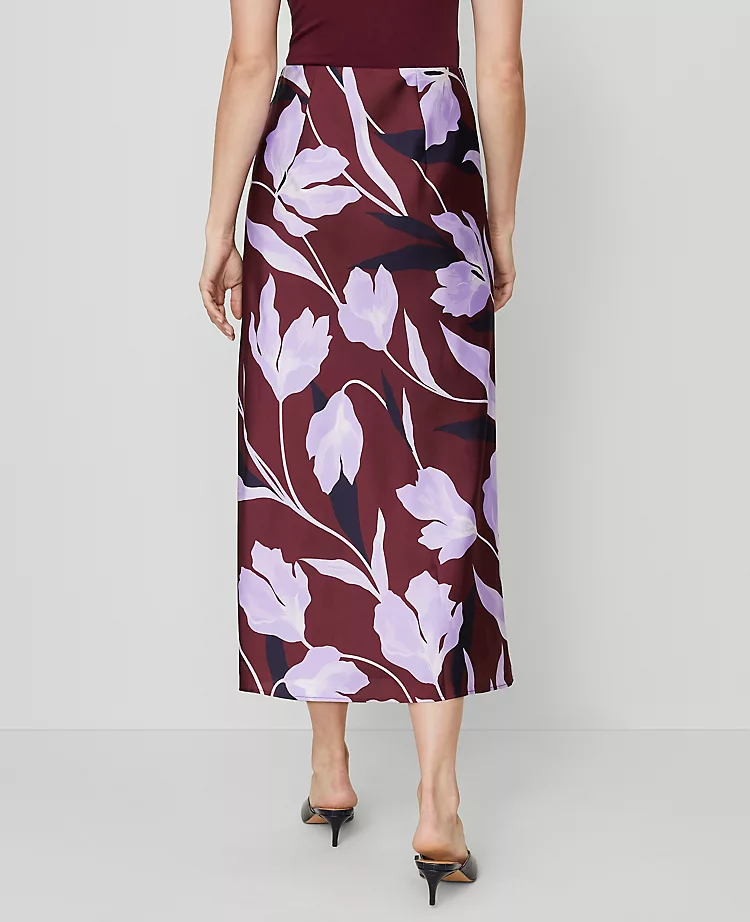 Elegant Floral Satin Bias Cut Midi Slip Skirt in Windsor Wine 4 Elegant Floral Satin Bias Cut Midi Slip Skirt in Windsor Wine - Image 4