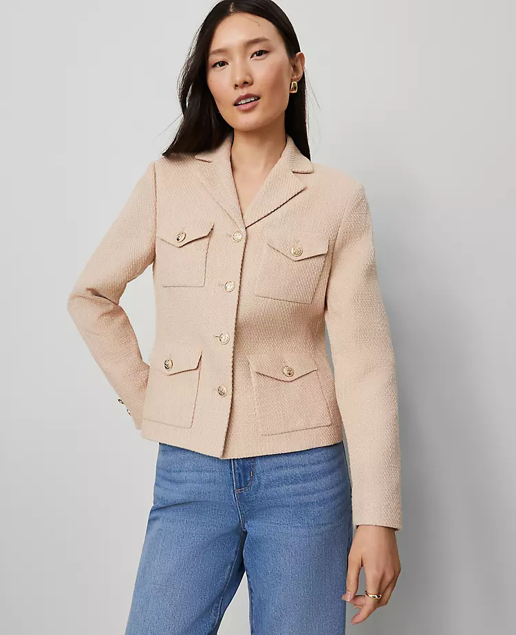 Women's Cropped Military Blazer Jacket in Pale Sandalwood Tweed 1 Women's Cropped Military Blazer Jacket in Pale Sandalwood Tweed