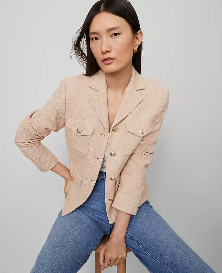 Women's Cropped Military Blazer Jacket in Pale Sandalwood Tweed 3 Women's Cropped Military Blazer Jacket in Pale Sandalwood Tweed - Image 3