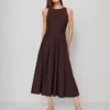 Petite Burgundy Pleated Midi Dress - Classic Sleeveless Crew Neck
