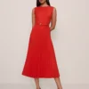 Petite Amaretto Belted Pleated Midi Dress - Elegant A-Line Fit