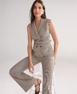 Plaid Double-Breasted Belted Vest in Copper and Cream