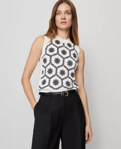 Petite Floral Embroidered Sweater Shell - Navy and White Knit Vest