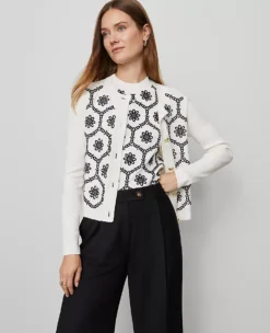 Petite Floral Embroidered Crew Neck Cardigan - White & Navy -Ann Taylor Store 857641 019930 ALT2