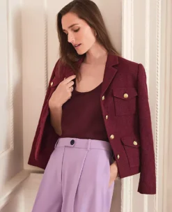 Petite Cropped Tweed Military Blazer Jacket in Windsor Wine