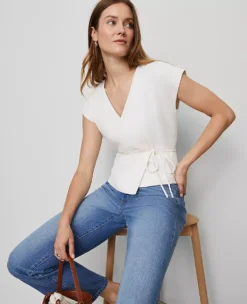 Petite Winter White Wrap Tie Waist Blouse - Elegant Short Sleeve Top