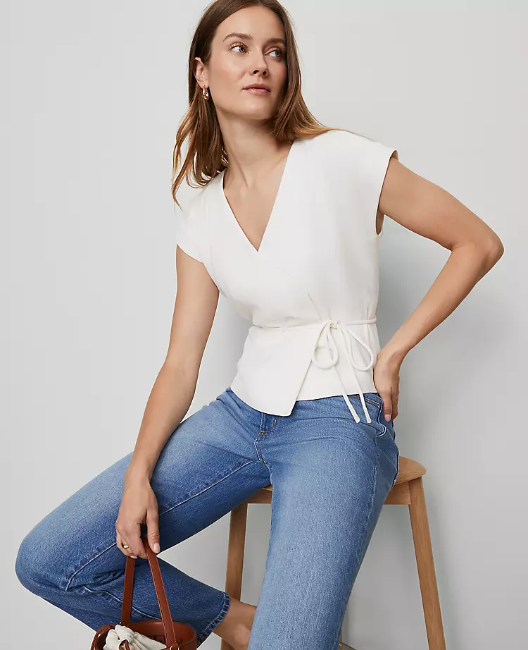 Petite Winter White Wrap Tie Waist Blouse - Elegant Short Sleeve Top 1 Petite Winter White Wrap Tie Waist Blouse - Elegant Short Sleeve Top