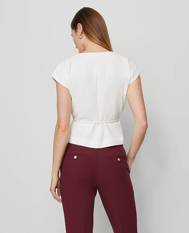 Petite Winter White Wrap Tie Waist Blouse - Elegant Short Sleeve Top 2 Petite Winter White Wrap Tie Waist Blouse - Elegant Short Sleeve Top - Image 2