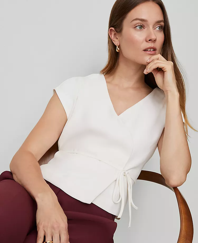Petite Winter White Wrap Tie Waist Blouse - Elegant Short Sleeve Top 3 Petite Winter White Wrap Tie Waist Blouse - Elegant Short Sleeve Top - Image 3