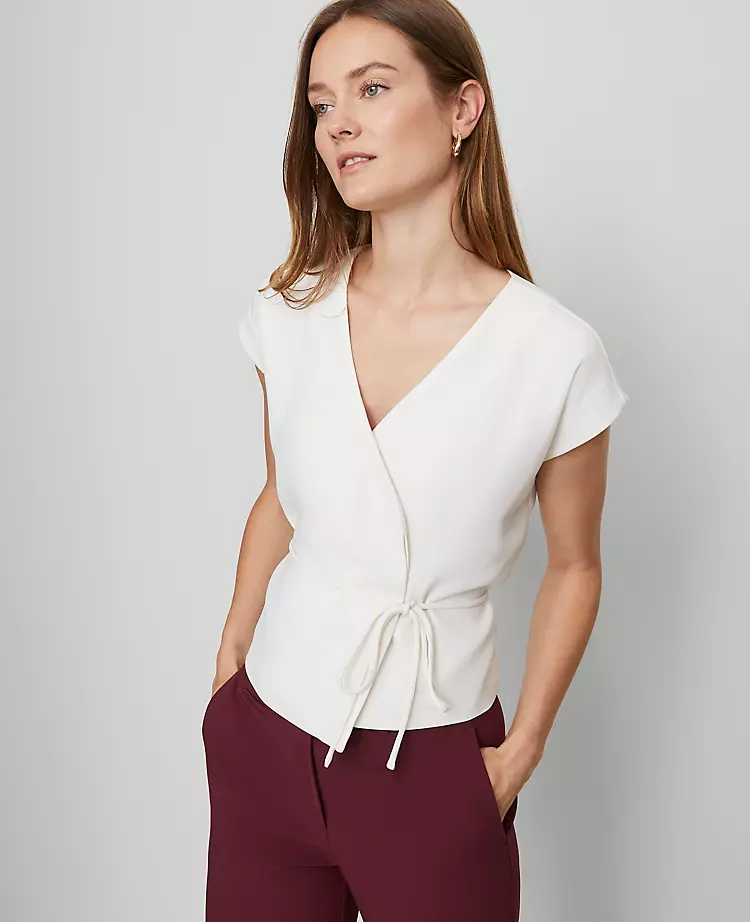 Petite Winter White Wrap Tie Waist Blouse - Elegant Short Sleeve Top 4 Petite Winter White Wrap Tie Waist Blouse - Elegant Short Sleeve Top - Image 4