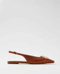 Pointed Toe Leather Slingback Flats with Padded Comfort - Saddle Brown