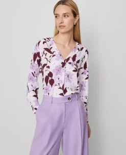 Petite Floral Mixed Media Pleated Front Blouse - Spring Lilac