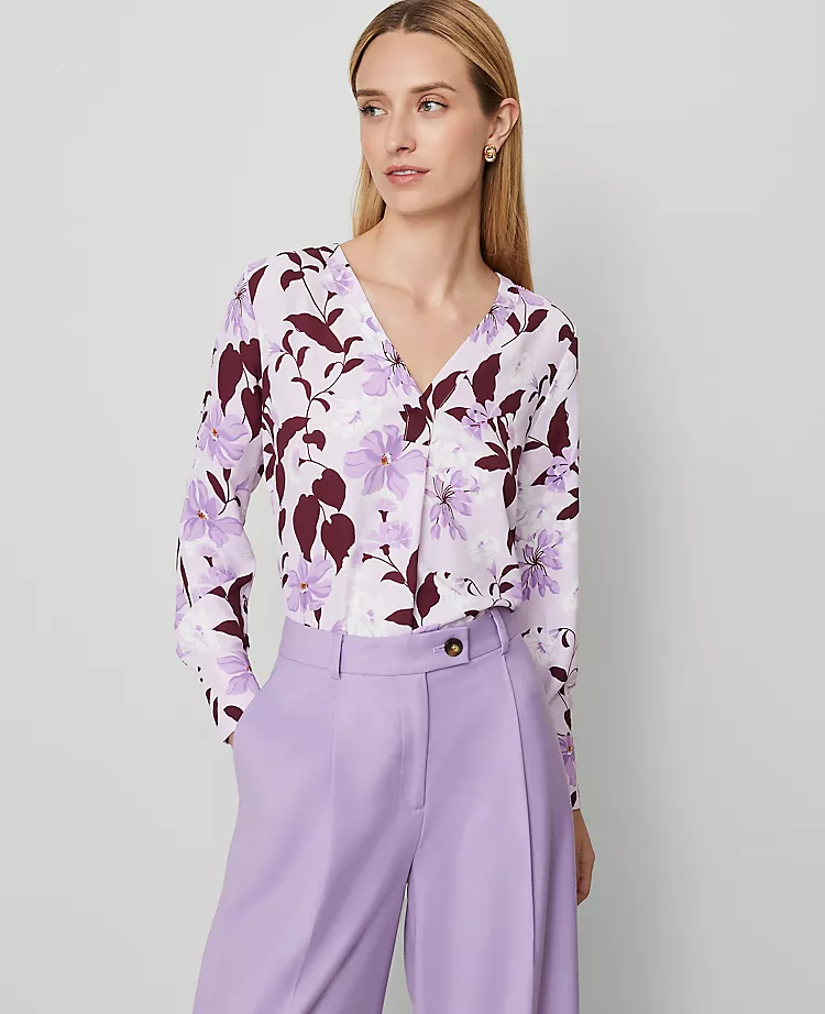 Petite Floral Mixed Media Pleated Front Blouse - Spring Lilac 1 Petite Floral Mixed Media Pleated Front Blouse - Spring Lilac