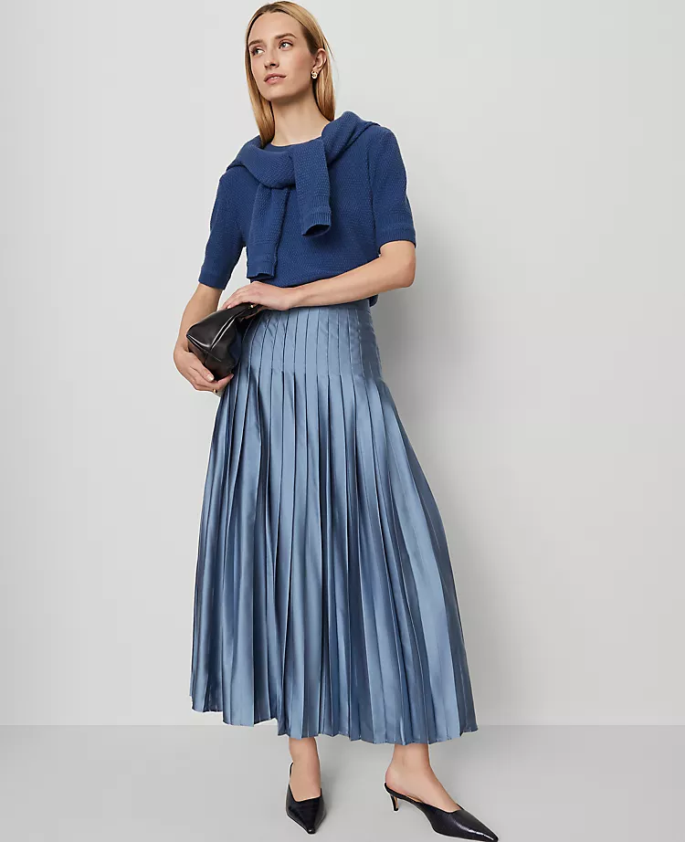 Petite Satin Pleated Midi Skirt in Cool Cascades 2 Petite Satin Pleated Midi Skirt in Cool Cascades - Image 2