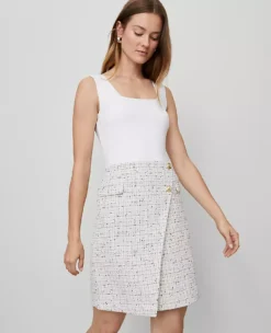 Petite Tweed Wrap Skirt - Charcoal & White A-Line Button Skirt