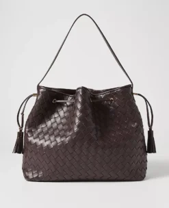 Woven Drawstring Bucket Bag in Dark Chocolate