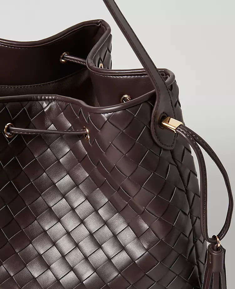 Woven Drawstring Bucket Bag in Dark Chocolate 2 Woven Drawstring Bucket Bag in Dark Chocolate - Image 2