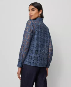 Petite Ruffle Collar Lace Blouse in Faded Denim -Ann Taylor Store 857810 019788 ALT1