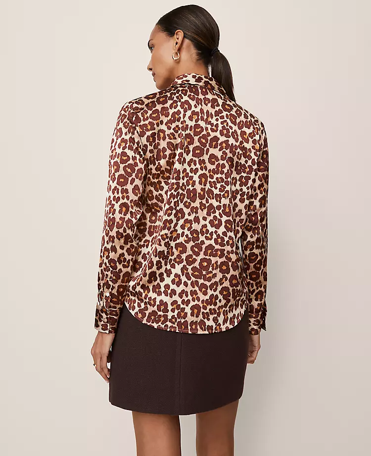 Petite Animal Print Satin Button Down Shirt - Pale Sandalwood 2 Petite Animal Print Satin Button Down Shirt - Pale Sandalwood - Image 2