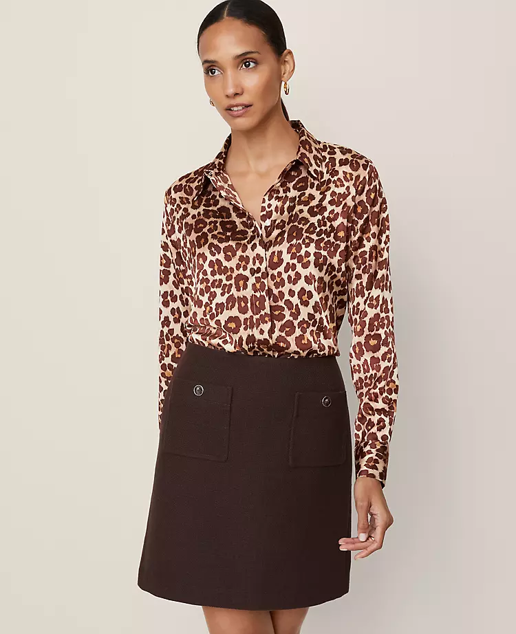 Petite Animal Print Satin Button Down Shirt - Pale Sandalwood 3 Petite Animal Print Satin Button Down Shirt - Pale Sandalwood - Image 3