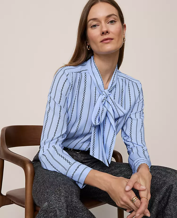 Petite Chain Link Print Satin Bow Blouse with Blouson Sleeves 1 Petite Chain Link Print Satin Bow Blouse with Blouson Sleeves