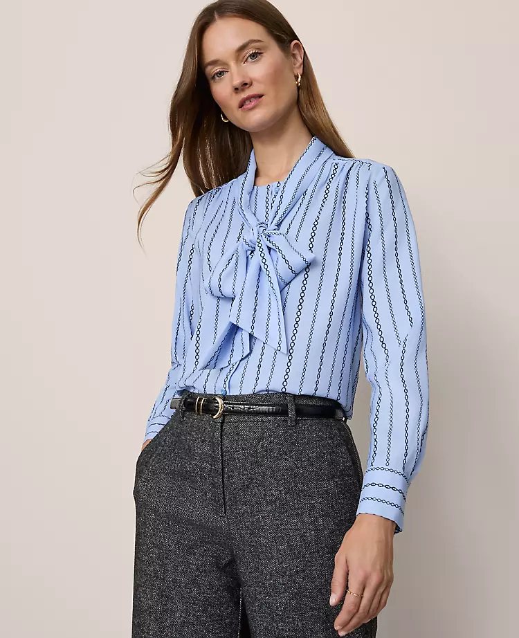 Petite Chain Link Print Satin Bow Blouse with Blouson Sleeves 3 Petite Chain Link Print Satin Bow Blouse with Blouson Sleeves - Image 3