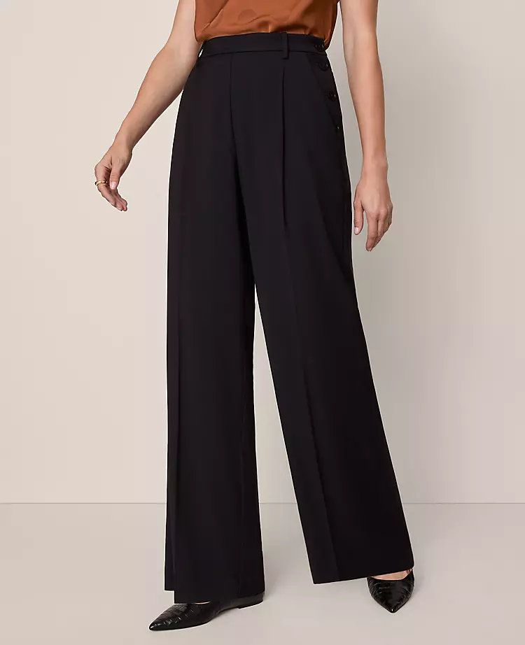 High-Waisted Wide-Leg Pants with Side Button Accents - Black 2 High-Waisted Wide-Leg Pants with Side Button Accents - Black - Image 2
