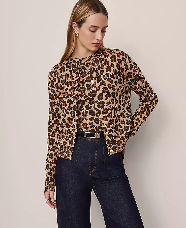 Petite Animal Print Jacquard Cardigan in Almond Croissant 1 Petite Animal Print Jacquard Cardigan in Almond Croissant