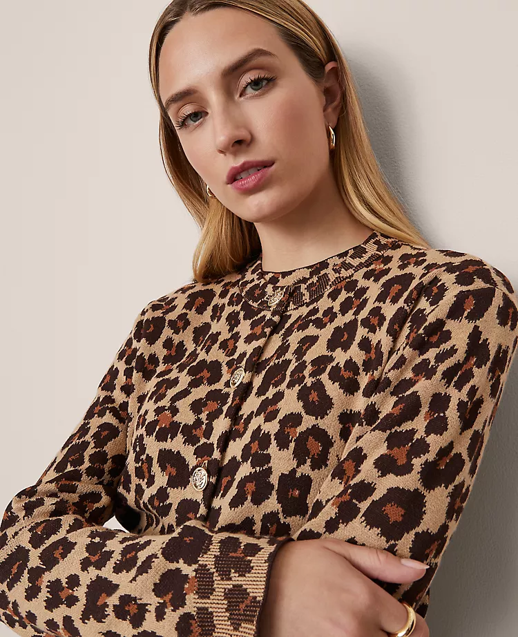 Petite Animal Print Jacquard Cardigan in Almond Croissant 3 Petite Animal Print Jacquard Cardigan in Almond Croissant - Image 3