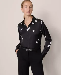 Petite Black Floral Satin Essential Shirt - Elegant Long Sleeve Blouse