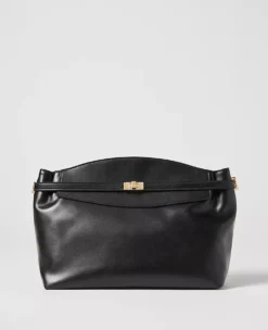 Large Belted Clutch in Classic Black - Elegant Faux Leather Handbag