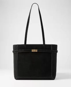 Black Suede Belted Tote Bag - Luxury Leather Shoulder Handbag