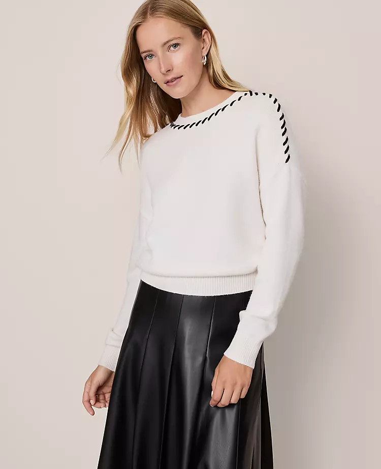 Petite Whipstitch Crew Neck Sweater - Chic Contrast Detail Knit 3 Petite Whipstitch Crew Neck Sweater - Chic Contrast Detail Knit - Image 3
