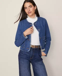 Ann Taylor Petite Weekend Crew Neck Denim Jacket - Classic Indigo Wash