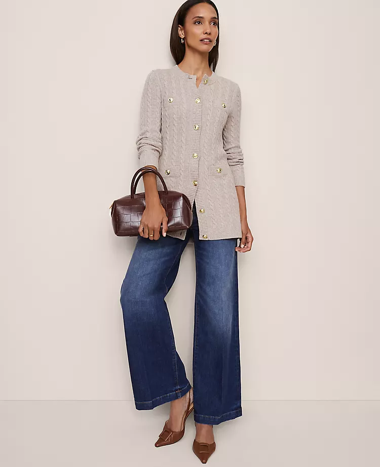 Petite Long Cable Knit Cardigan in Vintage Taupe Melange 2 Petite Long Cable Knit Cardigan in Vintage Taupe Melange - Image 2