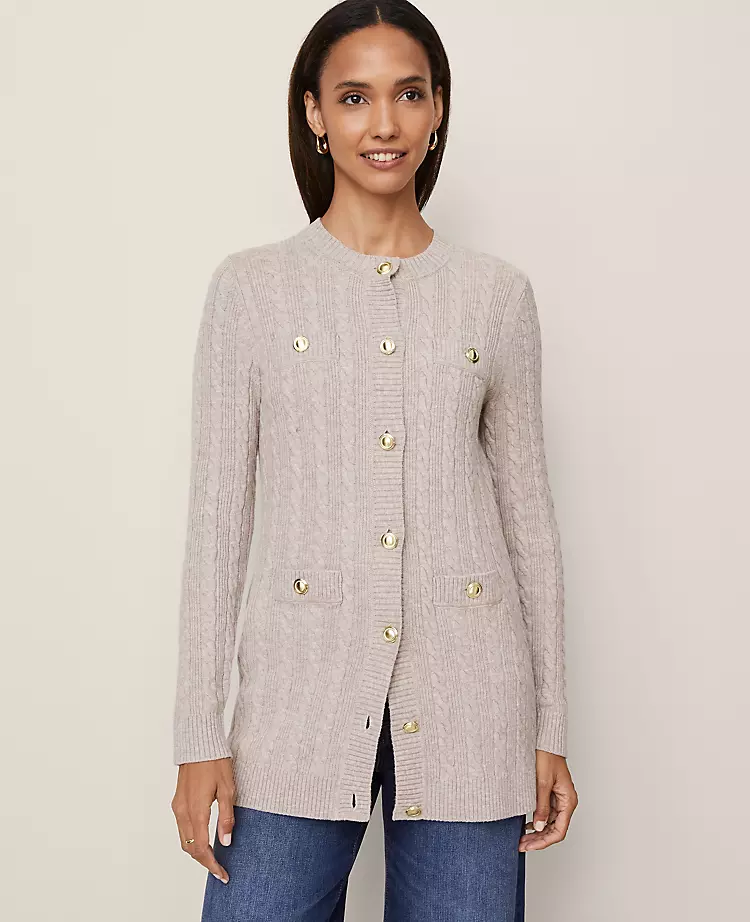 Petite Long Cable Knit Cardigan in Vintage Taupe Melange 4 Petite Long Cable Knit Cardigan in Vintage Taupe Melange - Image 4
