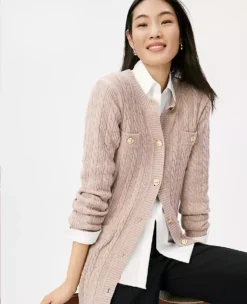 Petite Long Cable Knit Cardigan in Vintage Taupe Melange