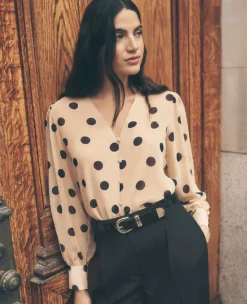 Petite Dotted V-Neck Popover Blouse in Cafe Au Lait